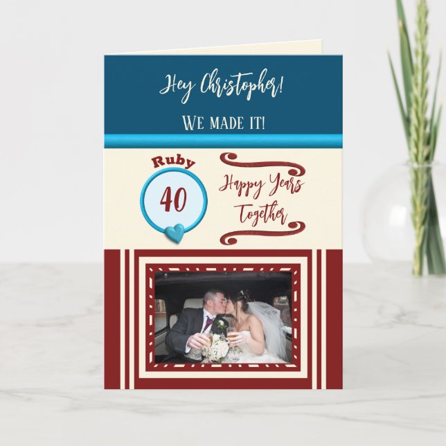 Husband ruby 40th anniversary blue photo card (Front)