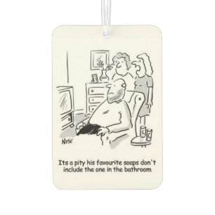 Husband Watching Soaps on TV. Wife Comments. Air Freshener