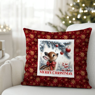 Hushed snowy forest Christmas scene baby deer kids Throw Pillow