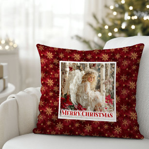 Hushed Vintage Angel Art Red and Gold Gift Pillow