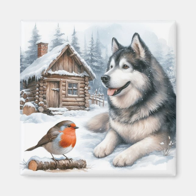 Husky and robin in the snow magnet, snow dog  magnet (Front)
