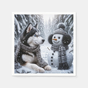 Husky and Snowman In Winter Woods Napkin