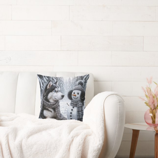 Husky and Snowman In Winter Woods Throw Pillow (Couch)