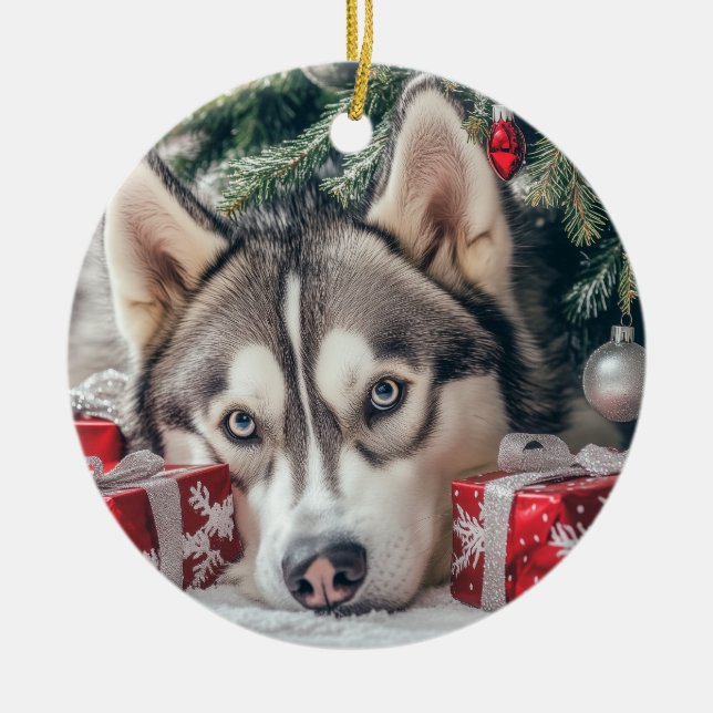 Husky Christmas Ceramic Ornament (Front)