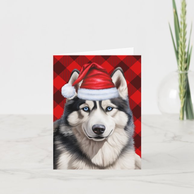 Husky Christmas Dog Red Buffalo Plaid Christmas Holiday Card (Front)