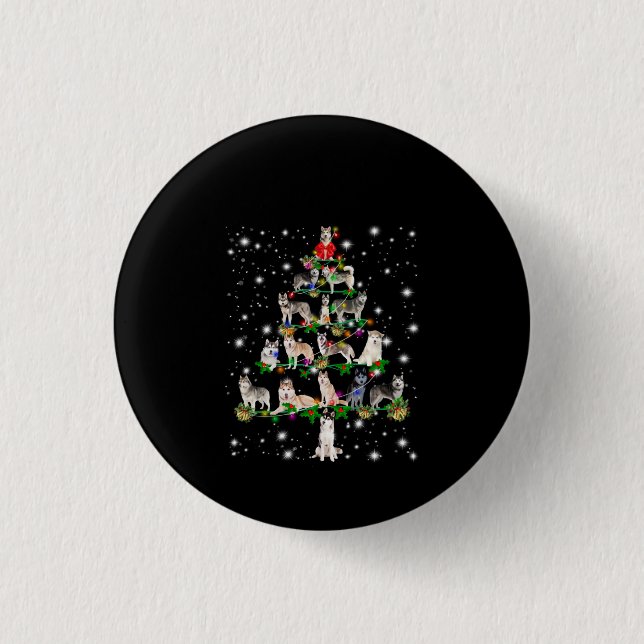 Husky Christmas Tree Covered By Flashlight 1 Inch Round Button (Front)
