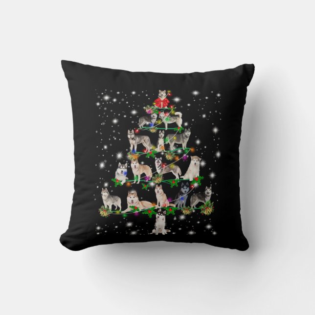 Husky Christmas Tree Covered By Flashlight Throw Pillow (Front)