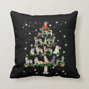 Husky Christmas Tree Covered By Flashlight Throw Pillow