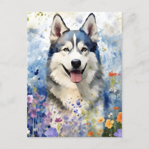 Husky colourful watercolor artwork postcard