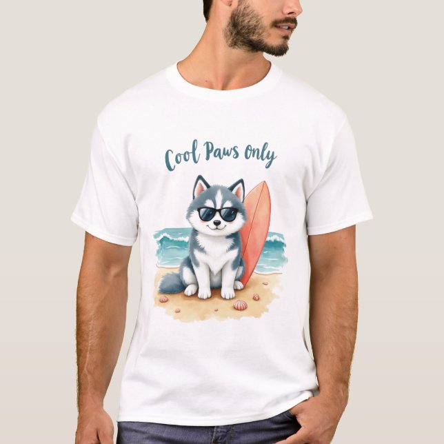 Husky Cool Paws Beach Design T-Shirt (Front)