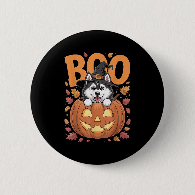 Husky Costume On Pumpkin Halloween Siberian Husky  2 Inch Round Button (Front)