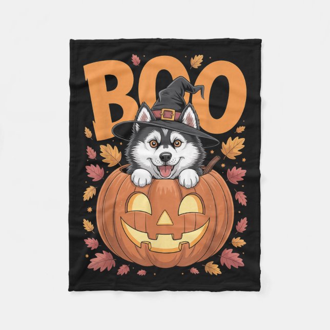 Husky Costume On Pumpkin Halloween Siberian Husky  Fleece Blanket (Front)