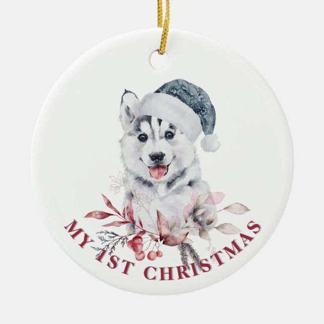 Husky dog 1st Christmas cute dog puppy winter Ceramic Ornament (Front)