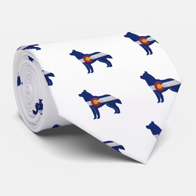 Husky Dog Breed Colorado Flag Silhouette Tie (Rolled)