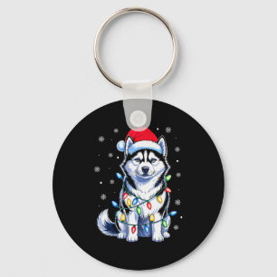 Husky Dog Christmas Lights Santa Hat Family Xmas P Keychain