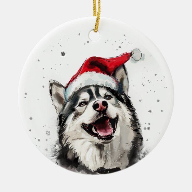 Husky Dog Christmas Personalized Ceramic Ornament (Front)