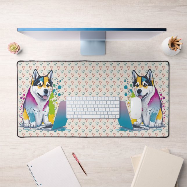 Husky Dog Computer Rainbow Watercolor Tech Savvy Desk Mat (Office 1)