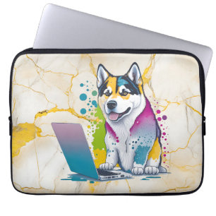 Husky Dog Computer Rainbow Watercolor Tech Savvy Laptop Sleeve