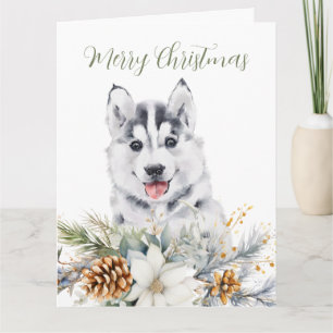 Husky Dog Floral Christmas Folded Greeting Card