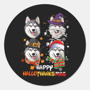 Husky Dog Hallothanksmas Halloween Thanksgiving Xm Classic Round Sticker