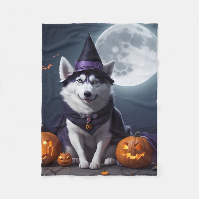 Husky Dog Halloween Adventure Moonlit Magic Spooky Fleece Blanket (Front)