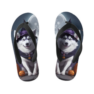 Husky Dog Halloween Adventure Moonlit Magic Spooky Kid's Flip Flops