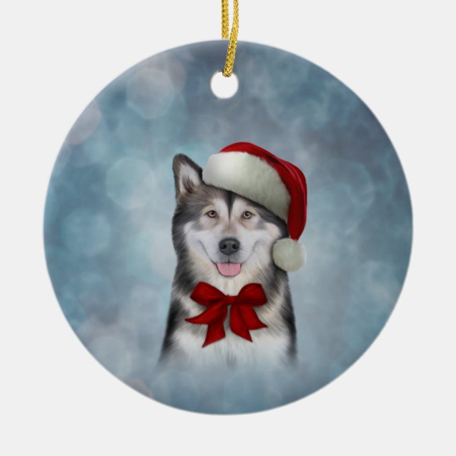 Husky dog in red hat of Santa Claus Ceramic Ornament (Front)