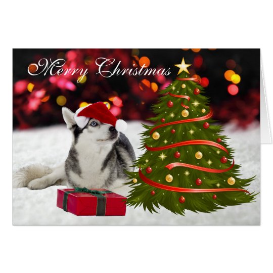 Husky dog in santa hat custom Christmas Card