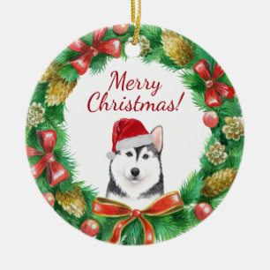 Husky Dog Merry christmas Ceramic Ornament