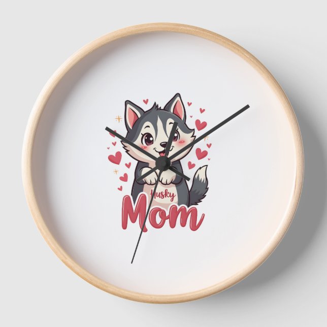Husky Dog Mom Cute Kawaii Design Clock (Front)