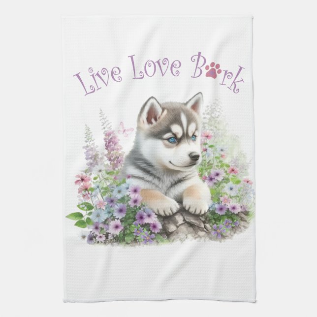 Husky Dog Mom Floral Kitchen Towel (Vertical)
