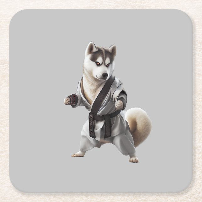 Husky Dog Play Karate, Karate Champion Husky Dog Square Paper Coaster (Front)