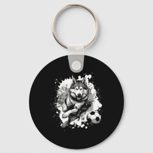 Husky Dog Playing Soccer Sports Team  Keychain