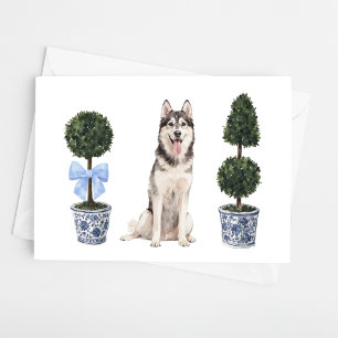 Husky Dog Puppy Topiary Watercolor Card