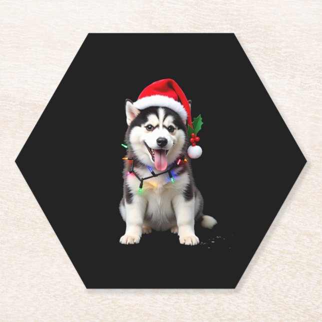Husky Dog Santa Hat Christmas Tree Xmas Gifts For  Paper Coaster (Front)