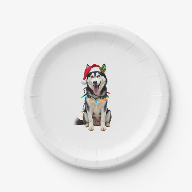Husky Dog Santa Hat Christmas Tree Xmas Gifts For  Paper Plate (Front)