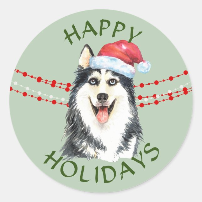 Husky Dog Santa Hat Happy Holidays Classic Round Sticker (Front)