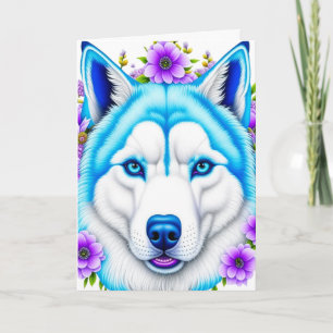 Husky Dog with Blue Eyes and Flowers Birthday Card