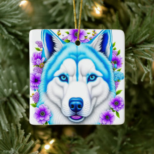 Husky Dog with Blue Eyes and Flowers  Christmas Ceramic Ornament