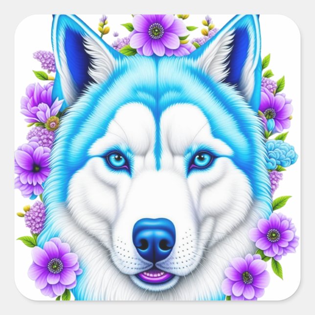 Husky Dog with Blue Eyes and Flowers   Square Sticker (Front)