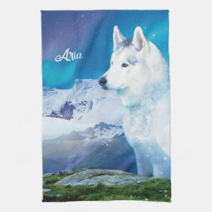 Husky dog with mountains and northern lights  kitchen towel