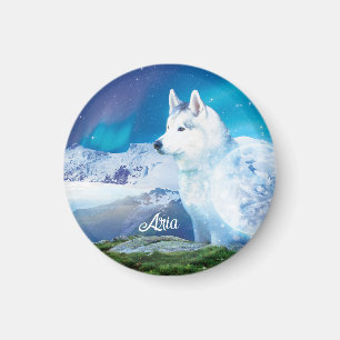 Husky dog with mountains and northern lights magnet