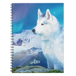 Husky dog with mountains and northern lights notebook