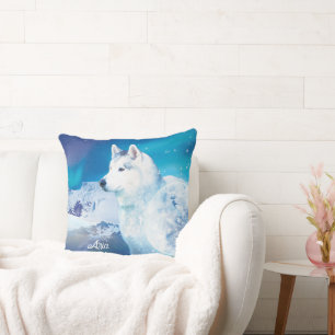 Husky dog with mountains and northern lights throw pillow