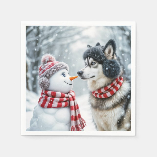 Husky Dog With Snowman Napkin (Front)