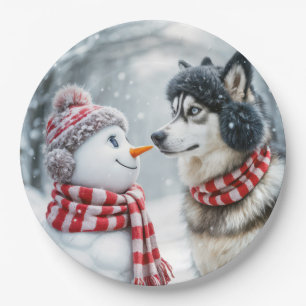 Husky Dog With Snowman Paper Plate