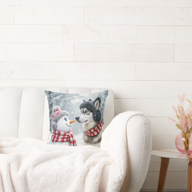 Husky Dog With Snowman Throw Pillow (Couch)