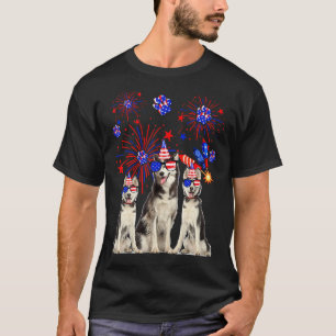 Husky Dogs American Flag  Happy 4th Of July T-Shirt
