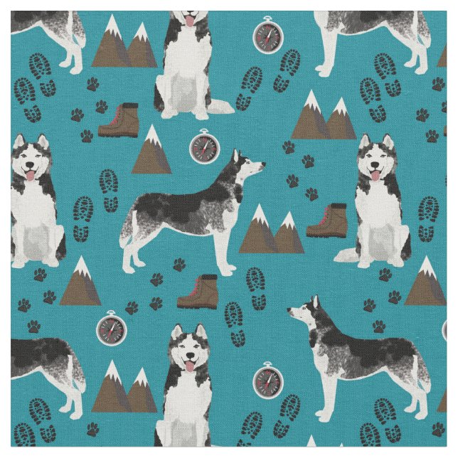 husky dogs hiking pattern fabric (Close Up)