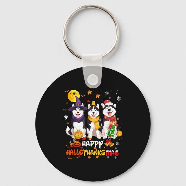 Husky Happy Hallothanksmas Dog Lover Christmas  Keychain (Front)